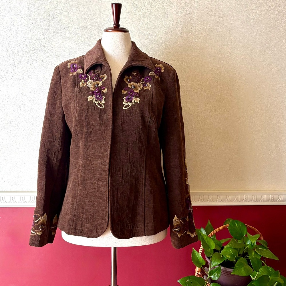 Vintage Coldwater Creek Brown Floral Embroidered Jacket 12 Open Front Boho Artsy